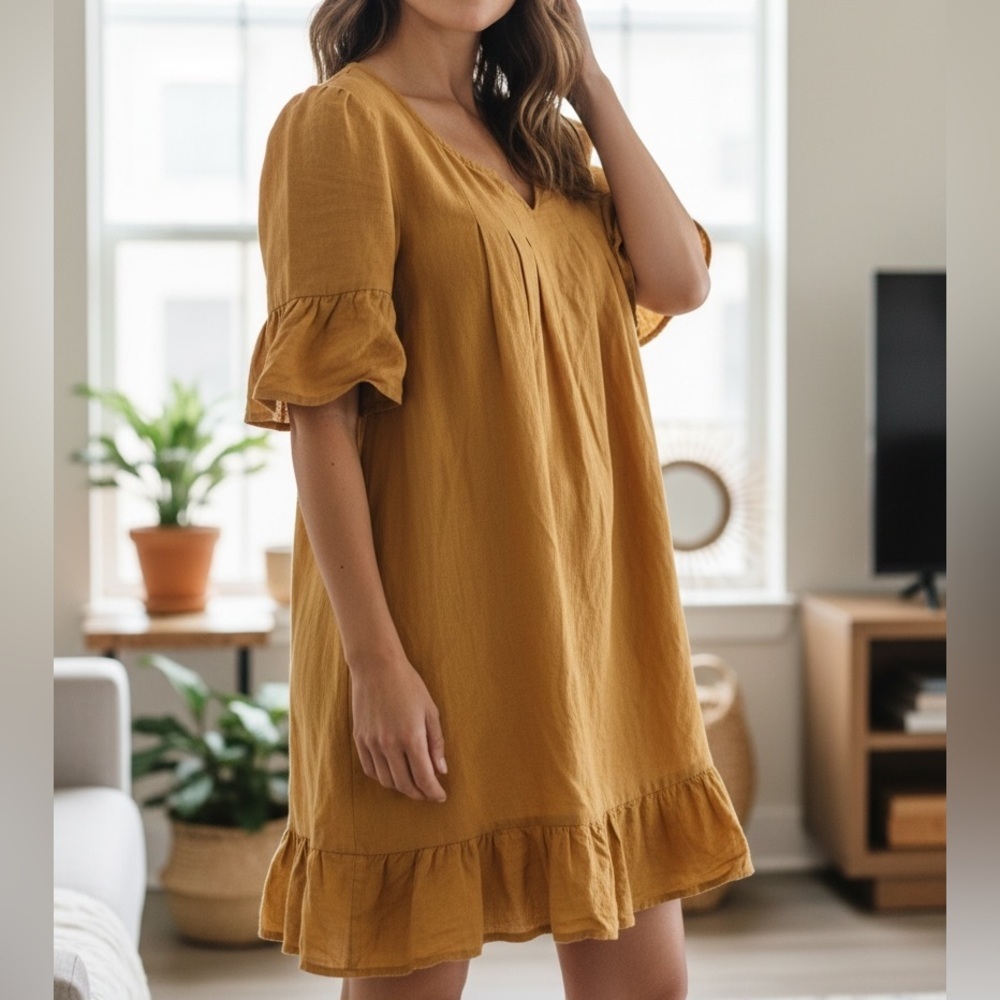 Bobeau 100% Cotton Mustard Ruffled Dress